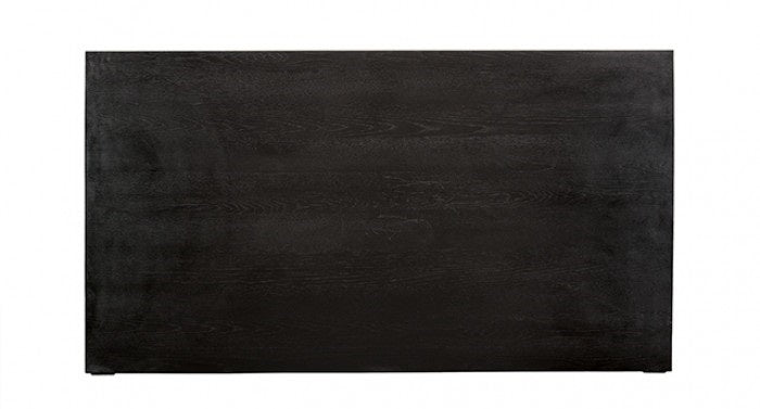 FM3200BK-T-7PC 7 pc Gosport black finish wood trestle base dining table set with scoop beige fabric chairs