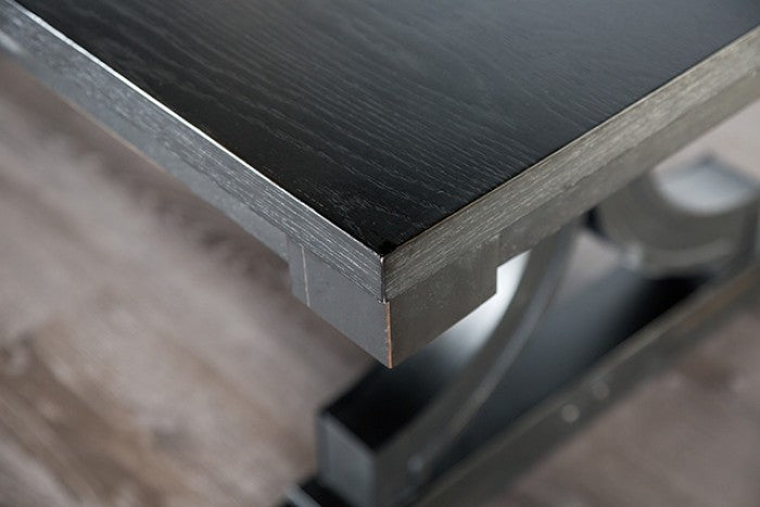 FM3200BK-T-7PC 7 pc Gosport black finish wood trestle base dining table set with scoop beige fabric chairs