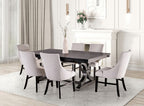 FM3200BK-T-7PC 7 pc Gosport black finish wood trestle base dining table set with scoop beige fabric chairs