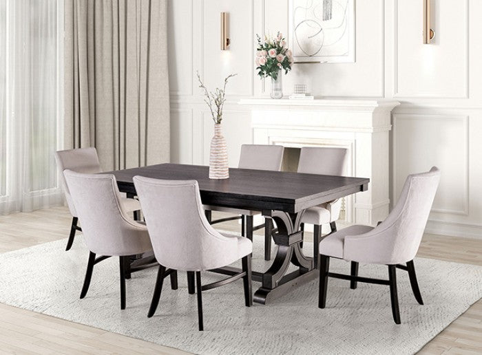 FM3200BK-T-7PC 7 pc Gosport black finish wood trestle base dining table set with scoop beige fabric chairs