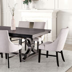 FM3200BK-T-7PC 7 pc Gosport black finish wood trestle base dining table set with scoop beige fabric chairs