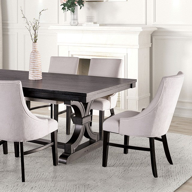 FM3200BK-T-7PC 7 pc Gosport black finish wood trestle base dining table set with scoop beige fabric chairs