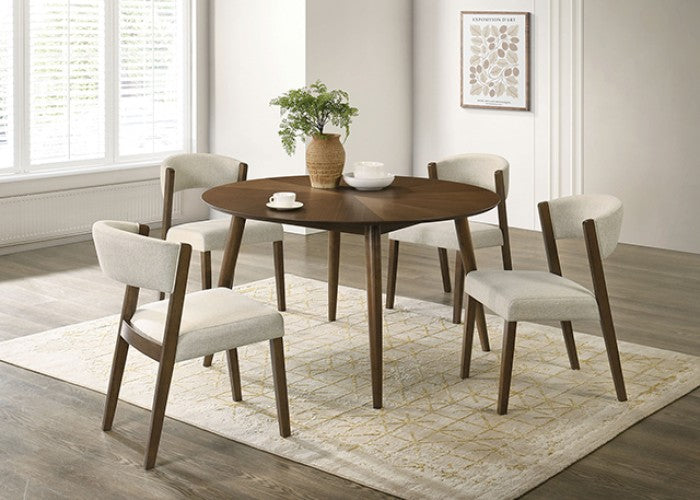 FM32011WN-RT-5PC 5 pc Raissa walnut finish wood tapered legs 52" round mid-century modern dining table set