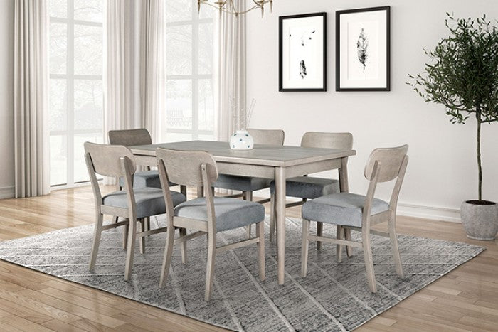 FM3201GY-7PC 7 pc Keynes grey finish wood dining table set fabric seats