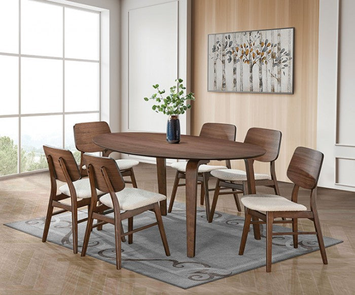 FM3212WN-T-7PC 7 pc Narvik walnut finish wood mid-century modern dining table set wood back chairs