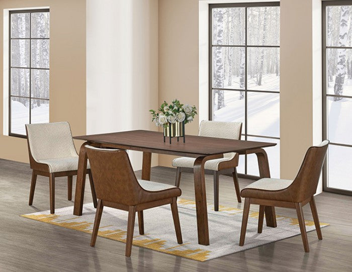 FM3213WN-T-5PC 5 pc Viken walnut finish wood mid-century modern dining table set curved panel back