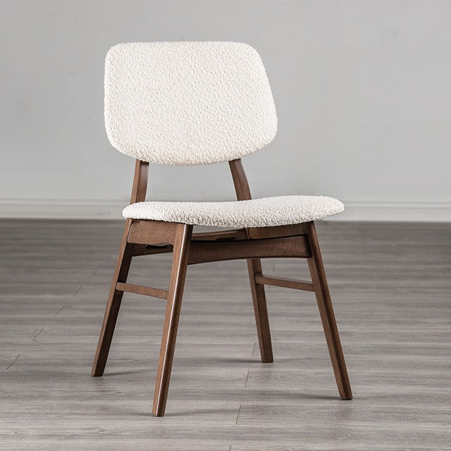 FM3214WN-T-7PC 7 pc Uzwil walnut finish wood mid-century modern dining table set boucle fabric chairs