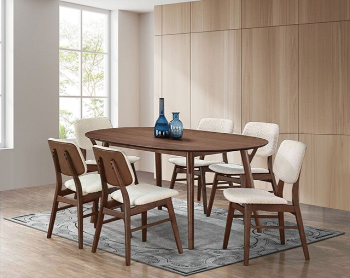 FM3214WN-T-7PC 7 pc Uzwil walnut finish wood mid-century modern dining table set boucle fabric chairs