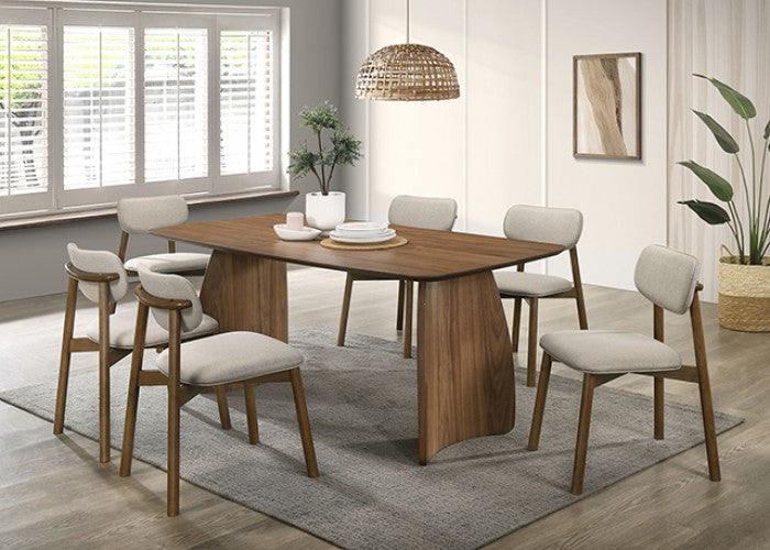 FM3217WN-T-7PC 7 pc Alnwick walnut finish wood mid-century modern dining table set curved base legs