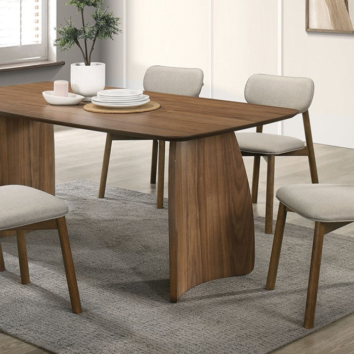 FM3217WN-T-7PC 7 pc Alnwick walnut finish wood mid-century modern dining table set curved base legs