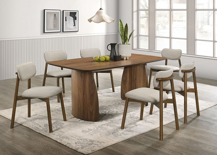 FM3217WN-T-7PC 7 pc Alnwick walnut finish wood mid-century modern dining table set curved base legs
