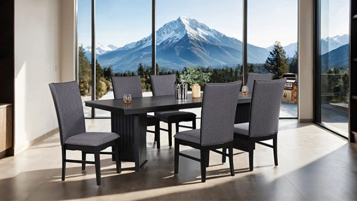 FM3231BK-7PC 7 pc Easingwold black finish wood modern dining table set fabric seats trestle base