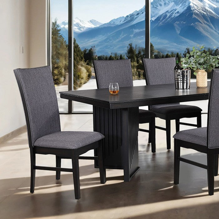 FM3231BK-7PC 7 pc Easingwold black finish wood modern dining table set fabric seats trestle base
