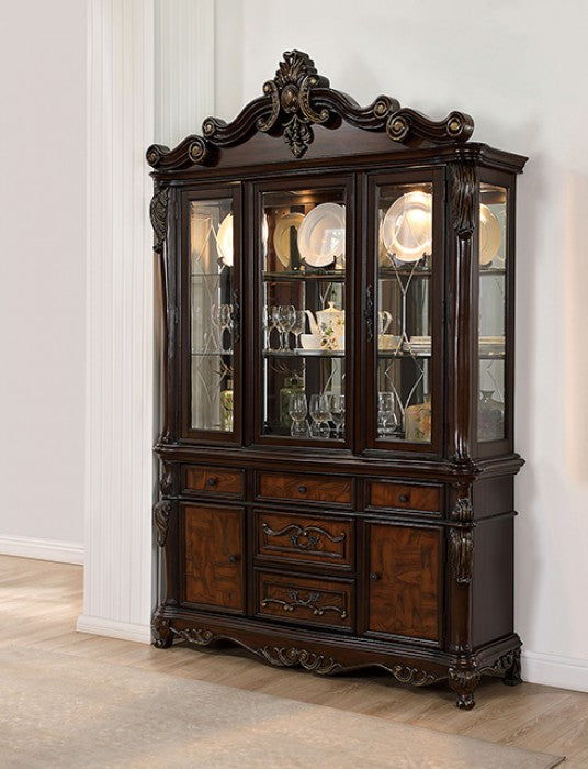 FM3261CH-HB 2 pc Manzaneta dark cherry finish hutch and buffet china curio cabinet with light