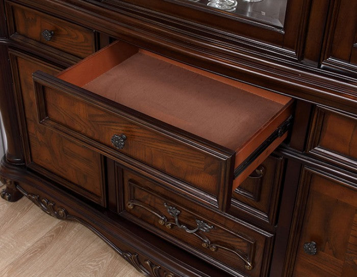 FM3261CH-HB 2 pc Manzaneta dark cherry finish hutch and buffet china curio cabinet with light