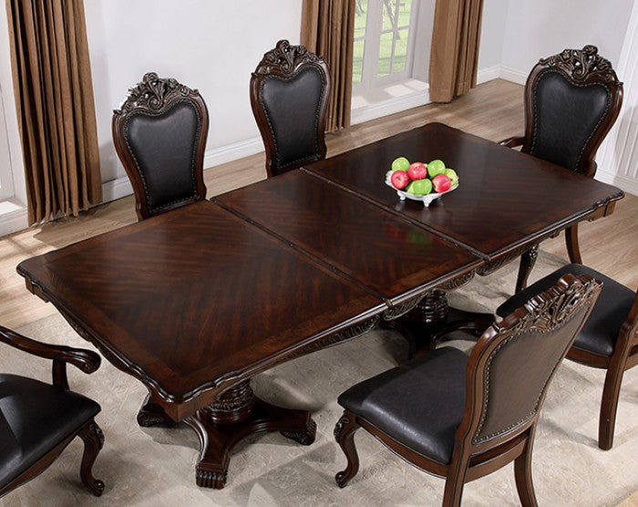 FM3261CH-T-7PC 7 pc Manzaneta dark cherry finish wood double pedestal carved accents dining table set