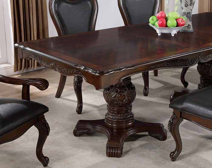 FM3261CH-T-7PC 7 pc Manzaneta dark cherry finish wood double pedestal carved accents dining table set