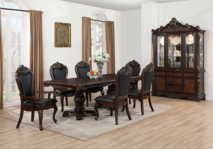 FM3261CH-T-7PC 7 pc Manzaneta dark cherry finish wood double pedestal carved accents dining table set