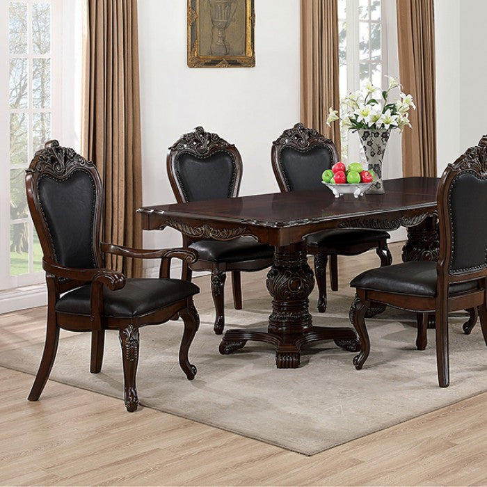 FM3261CH-T-7PC 7 pc Manzaneta dark cherry finish wood double pedestal carved accents dining table set