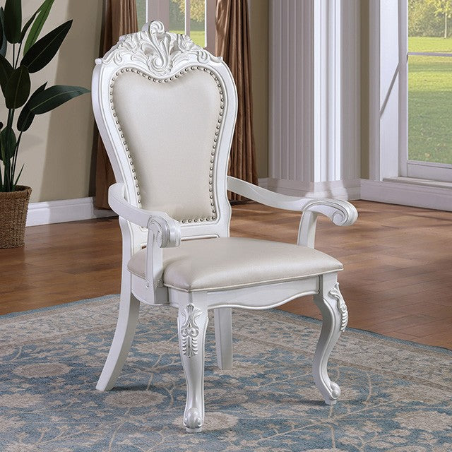 FM3261WH-AC  Set of 2 Manzaneta white finish wood arm chairs with faux leather upholstery and nail head trim