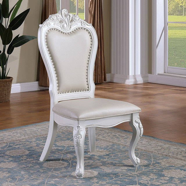 FM3261WH-SC  Set of 2 Manzaneta white finish wood side chairs with faux leather upholstery and nail head trim