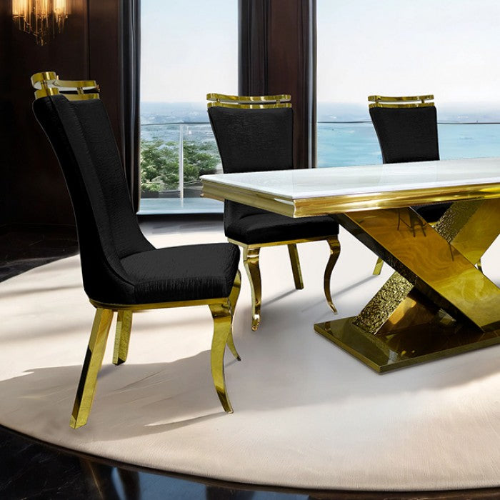 FM33002GD-5PC  5 pc Palazzo gold finish base white ceramic stone top modern dining table set