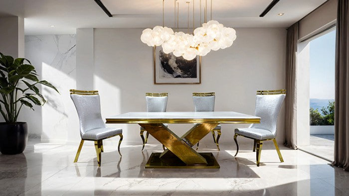 FM33002GD-5PC  5 pc Palazzo gold finish base white ceramic stone top modern dining table set