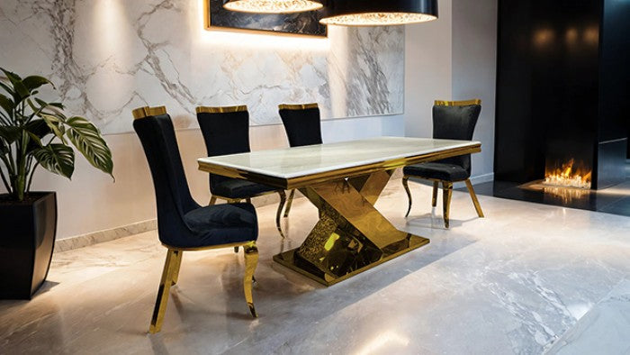 FM33002GD-5PC  5 pc Palazzo gold finish base white ceramic stone top modern dining table set