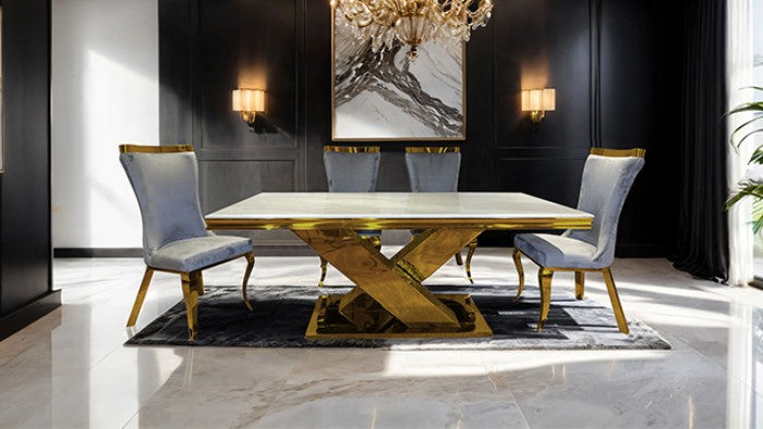 FM33002GD-5PC  5 pc Palazzo gold finish base white ceramic stone top modern dining table set