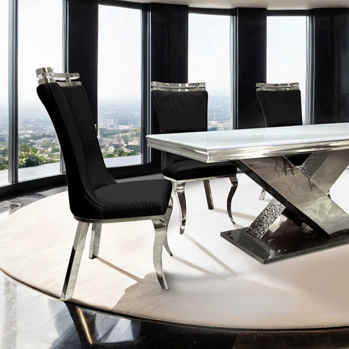 FM33002SV-5PC  5 pc Palazzo silver finish base white ceramic stone top modern dining table set