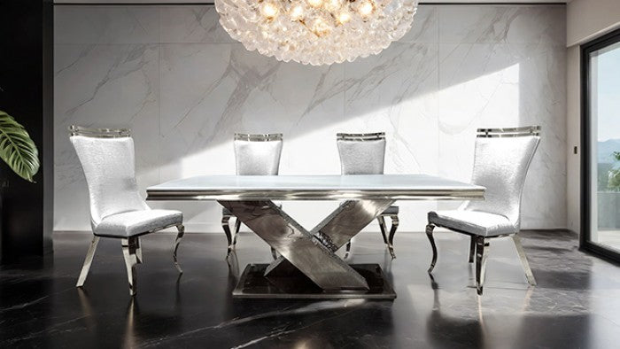 FM33002SV-5PC  5 pc Palazzo silver finish base white ceramic stone top modern dining table set