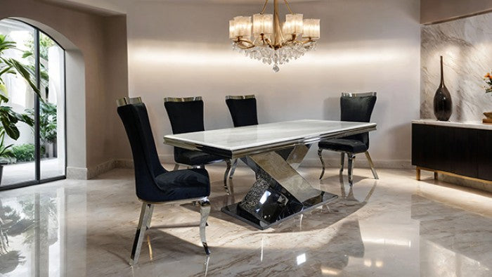 FM33002SV-5PC  5 pc Palazzo silver finish base white ceramic stone top modern dining table set