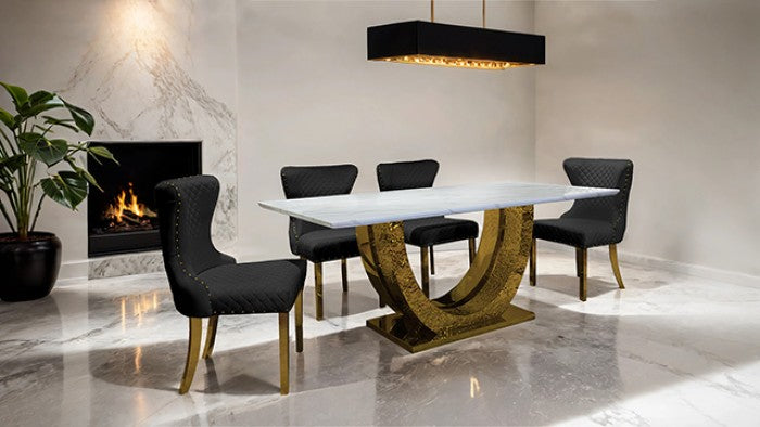 FM33003GD-5PC  5 pc Portanova hammered gold finish "U" base white ceramic stone top modern dining table set