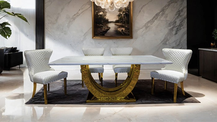 FM33003GD-5PC  5 pc Portanova hammered gold finish "U" base white ceramic stone top modern dining table set