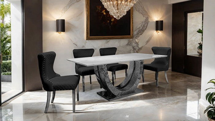 FM33003SV-5PC  5 pc Portanova hammered silver finish "U" base white ceramic stone top modern dining table set