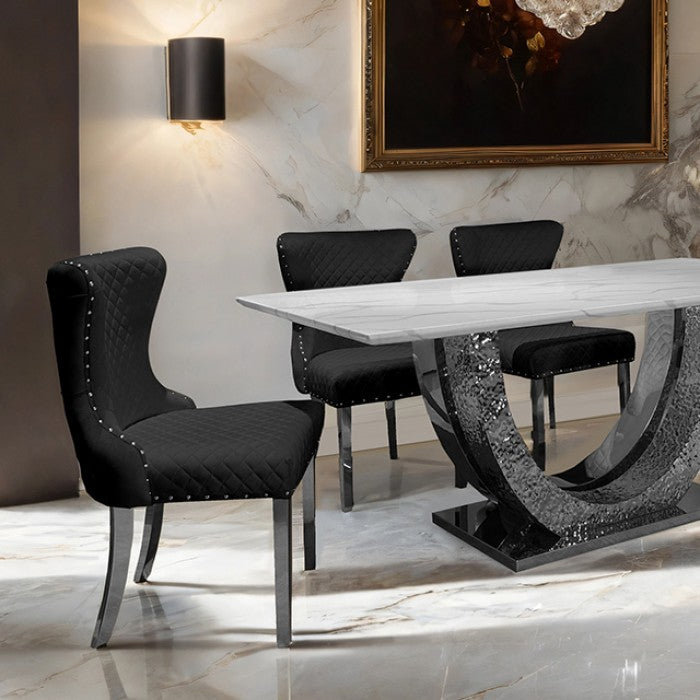 FM33003SV-5PC  5 pc Portanova hammered silver finish "U" base white ceramic stone top modern dining table set