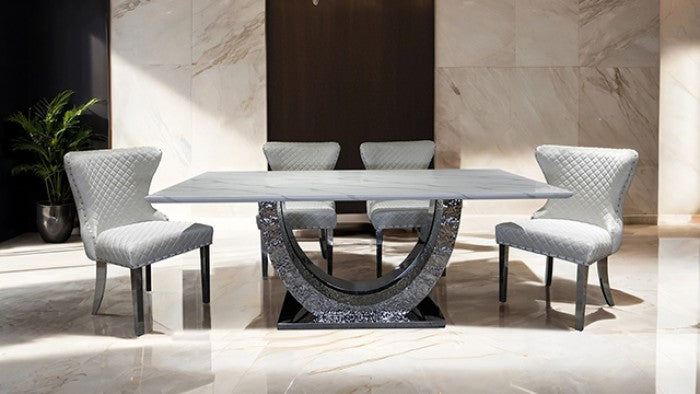 FM33003SV-5PC  5 pc Portanova hammered silver finish "U" base white ceramic stone top modern dining table set