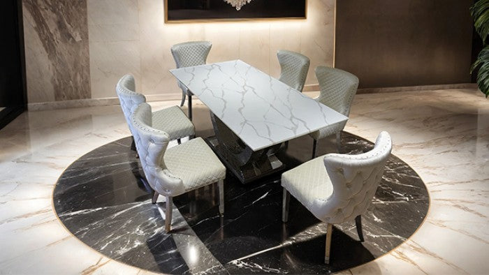 FM33003SV-5PC  5 pc Portanova hammered silver finish "U" base white ceramic stone top modern dining table set