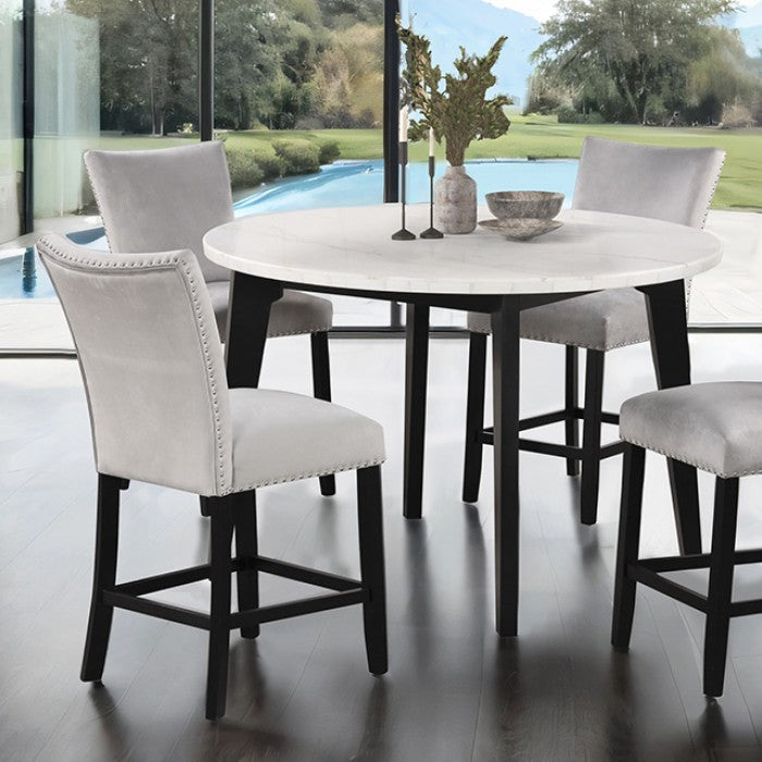 FM3330BK-RT-5PC 5 pc Sabro black finish wood white 45" round marble top dining table set