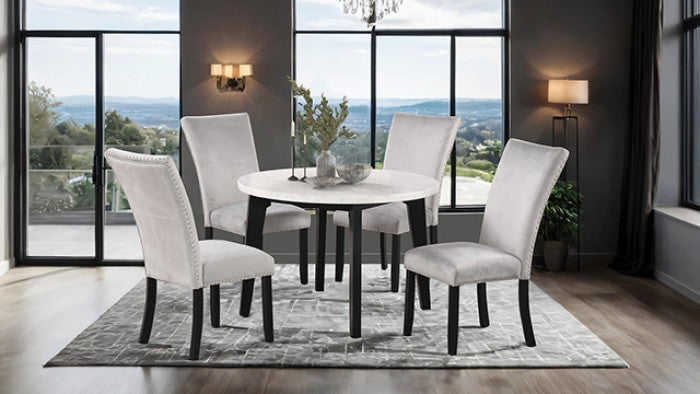 FM3330BK-RT-5PC 5 pc Sabro black finish wood white 45" round marble top dining table set