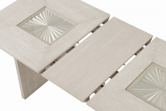 FM3368GY-7PC 7 pc Argenthart light grey finish wood trestle base sunburst pattern top dining table set