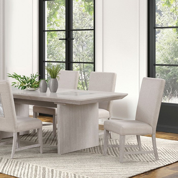 FM3368GY-7PC 7 pc Argenthart light grey finish wood trestle base sunburst pattern top dining table set