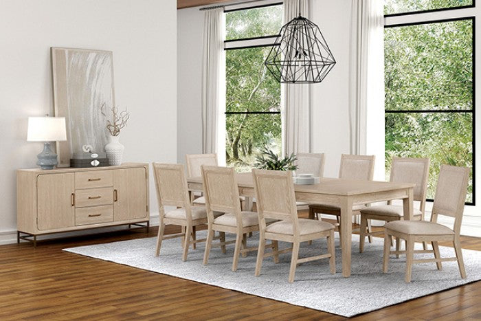 FM3369AK-7PC 7 pc Sandnes light oak finish wood transitional dining table set with leaf and fabric seats