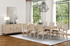 FM3369AK-7PC 7 pc Sandnes light oak finish wood transitional dining table set with leaf and fabric seats