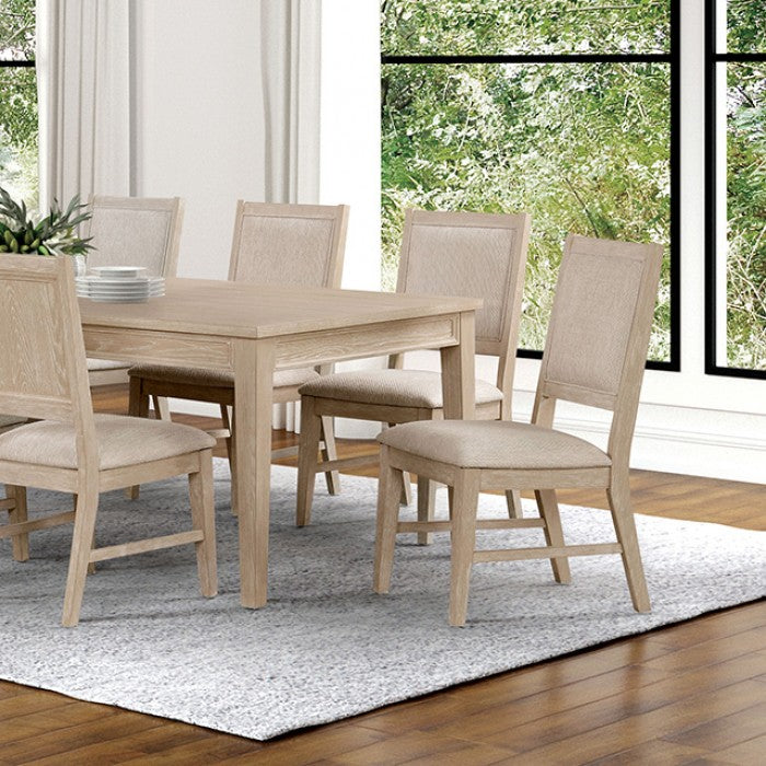 FM3369AK-7PC 7 pc Sandnes light oak finish wood transitional dining table set with leaf and fabric seats