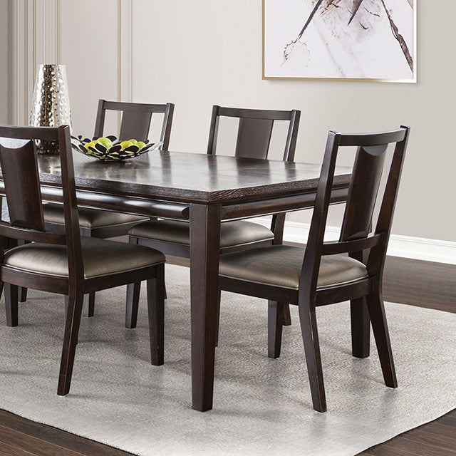 FM3399ES-T-7PC 7 pc Hinwitz espresso finish wood faceted panels dining table set