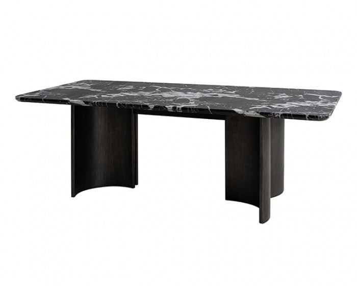 FM34007BK-T-7PC 7 pc Selsey dark walnut finish wood black faux marble top mid-century modern dining table set