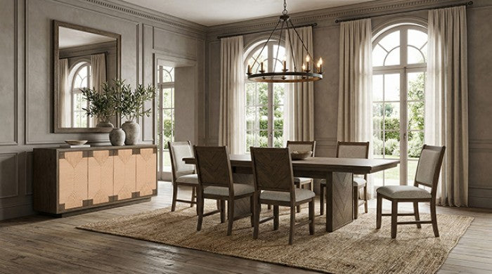 FM34008DW-T-7PC 7 pc Casoria dark walnut finish wood rustic chevron pedestal base dining table set