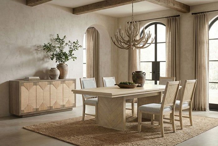 FM34008NT-T-7PC 7 pc Casoria natural finish wood rustic chevron pedestal base dining table set