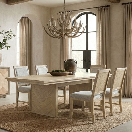FM34008NT-T-7PC 7 pc Casoria natural finish wood rustic chevron pedestal base dining table set